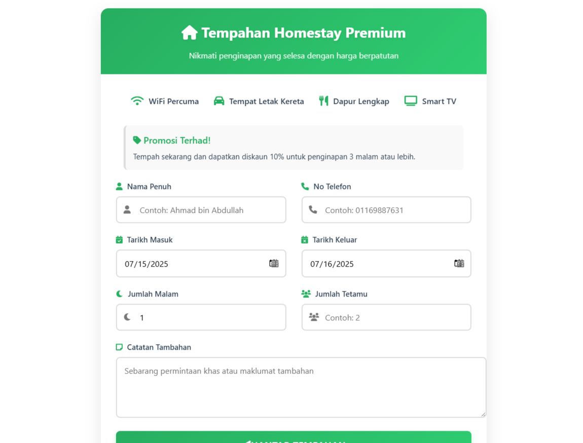 Borang Tempahan Homestay – Landing Page Booking Page dengan WhatsApp